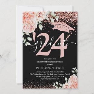 Elegant Pink Floral & Glitter Graduation Party Invitation
