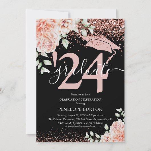 Elegant Pink Floral & Glitter Graduation Party Invitation