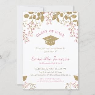Elegant Pink Gold Floral Graduation Class Of 2022 Invitation