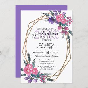 Elegant Pink Purple Watercolor Flowers Graduation Invitation