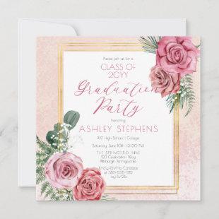 Elegant Pink Rose | Gold Frame Graduation Party Invitation
