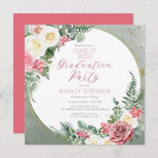 Elegant Pink Rose | Gold Frame Graduation Party Invitation