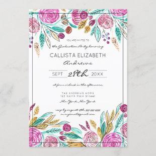 Elegant Pink Teal Floral Watercolor Graduation Invitation