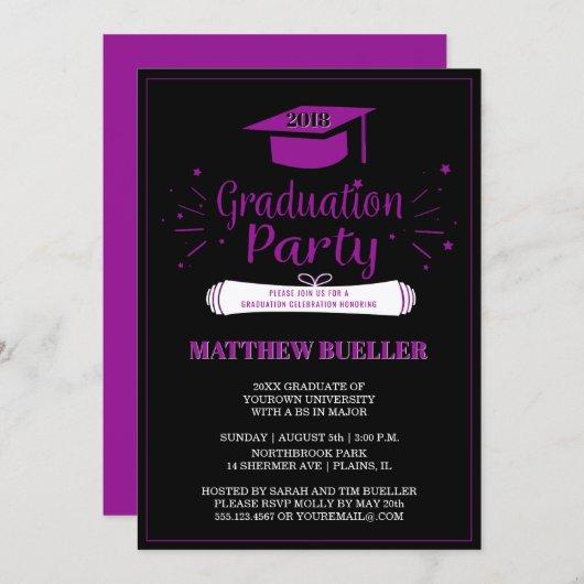Elegant Purple 2018 Grad Cap Graduation Party Invitation
