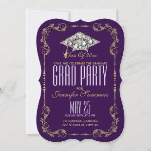 Elegant Purple, Faux Gold & Diamonds Floral Frame Invitation