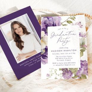 Elegant Purple Floral Photo Graduation Party Invitation