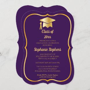 Elegant Purple | Gold Cap Graduation Party Invitation