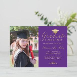 Elegant Purple Gold Formal Script Photo Graduation Announcement