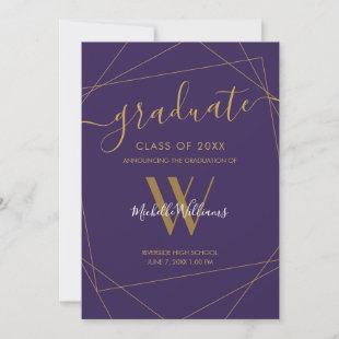 Elegant Purple Gold Geometric Monogram Graduation Announcement