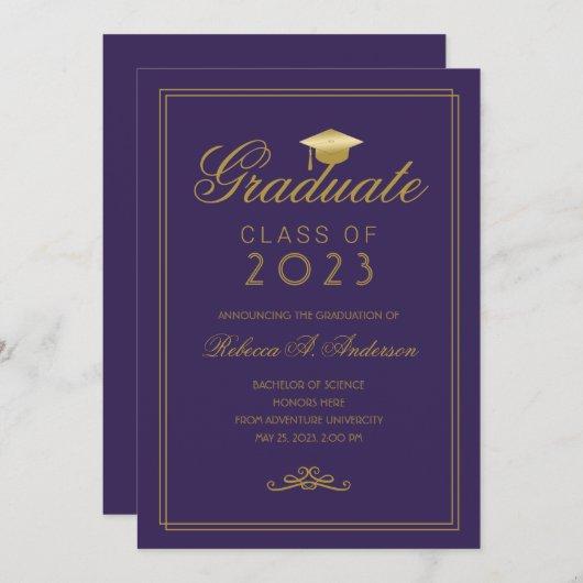 Elegant Purple Gold Grad Cap College Graduation Announcement