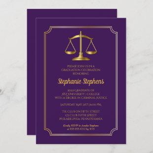 Elegant Purple Gold Law Attorney Graduation Party Invitation