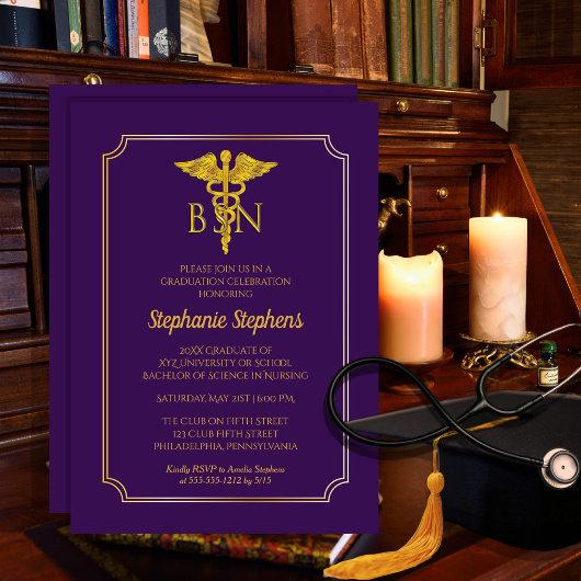 Elegant Purple | Gold Nurse BSN Graduation Party Invitation