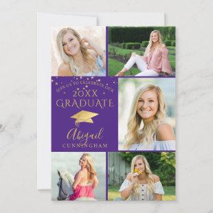 Elegant Purple Gold Photo Collage Graduate Invitation