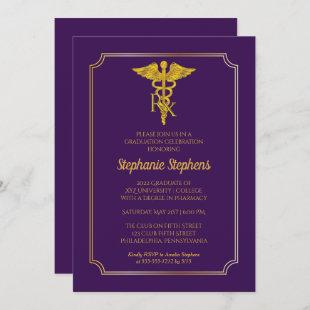 Elegant Purple | Gold Rx Pharmacy Graduation Party Invitation