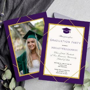 Elegant purple gold script graduation party invitation