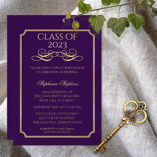 Elegant Purple University Graduation Party Gold   Foil Invitation
