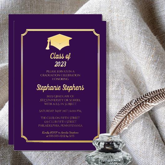 Elegant Purple University Graduation Party Gold  Foil Invitation