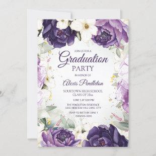 Elegant Purple White Floral Graduation Invitation