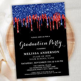 Elegant Red Blue Glitter Drip Patriotic Graduation Invitation