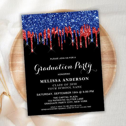 Elegant Red Blue Glitter Drip Patriotic Graduation Invitation Postcard
