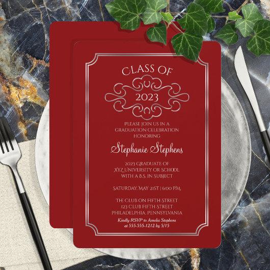 Elegant Red | Silver College Graduation Party Invitation