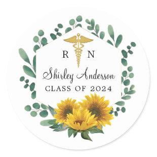 Elegant RN Sunflower Nurse Graduation Classic Round Sticker