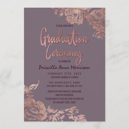 Elegant Rose Gold Floral Purple Mauve Graduation Invitation