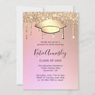 Elegant Rose Gold Glitter Drips Graduation Party Invitation