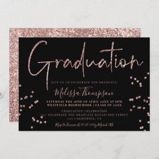 Elegant rose gold glitter script black graduation invitation