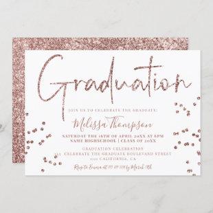 Elegant rose gold glitter script white graduation invitation