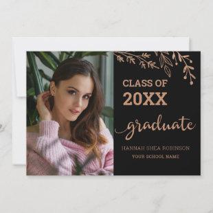 Elegant Rose Gold Graduate Photo Black Graduation Announcement