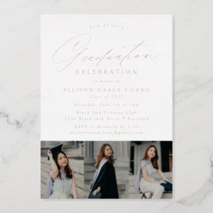Elegant Rose Gold Script 3 Photo Graduation Party Foil Invitation