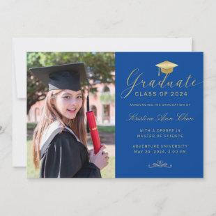 Elegant Royal Blue Gold Script Photo Graduation Announcement