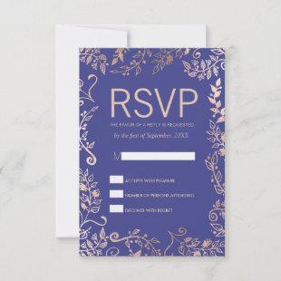 Elegant Royal Blue Rose Gold Floral RSVP Cards