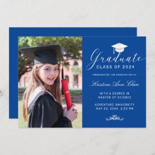 Elegant Royal Blue White Script Photo Graduation Announcement