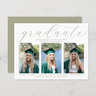 Elegant Sage Script Minimalist Graduation 3 Photo Invitation Postcard