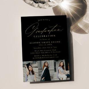 Elegant Script Black 3 Photo Graduation Party Foil Invitation