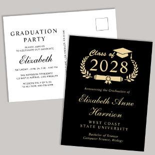 Elegant Script Black Gold College Graduation Party Invitation Postcard
