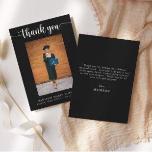 Elegant Script Black Graduation Photo Thank You Note Card