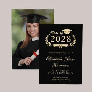 Elegant Script Black Photo Gold College Graduation Announcement