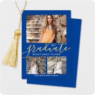 Elegant Script Blue 3-Photo Collage Graduation Announcement