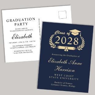 Elegant Script Blue Gold College Graduation Party Invitation Postcard