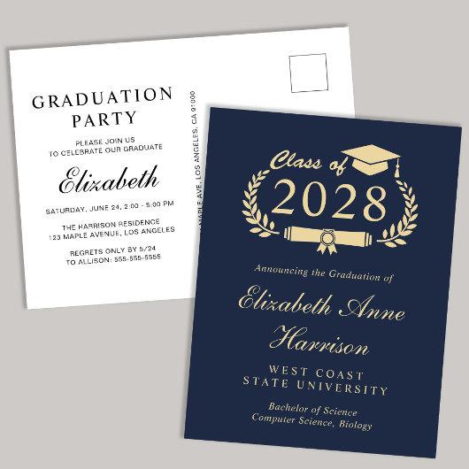 Elegant Script Blue Gold College Graduation Party Invitation Postcard