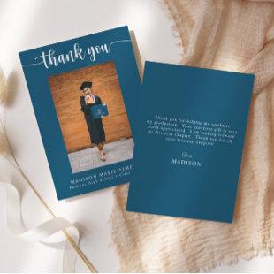 Elegant Script Blue Graduation Photo Thank You Note Card