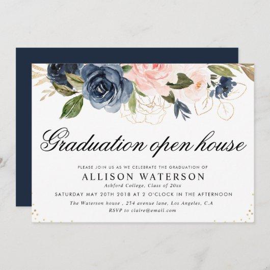 Elegant script blush & navy graduation open house invitation