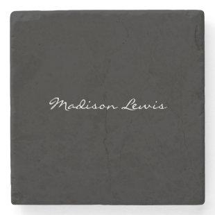 Elegant Script Plain Black Name Calligraphy  Stone Coaster