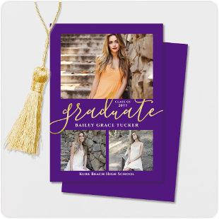 Elegant Script Purple 3-Photo Collage Graduation Announcement