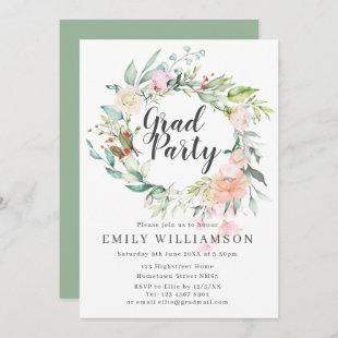 Elegant Script Watercolor Floral Graduation Party Invitation