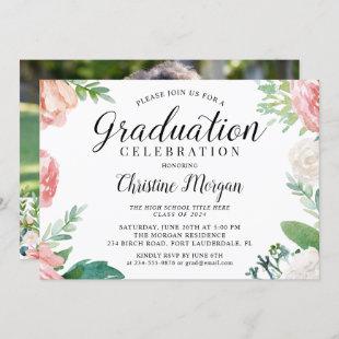 Elegant Script Watercolor Floral Photo Graduation Invitation