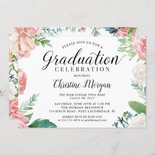 Elegant Script Watercolor Peach Floral Graduation Invitation